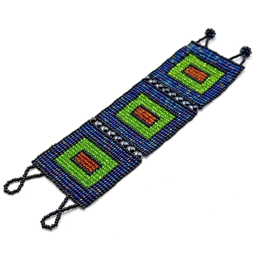 Vintage Hand Beaded Woven Seed Bead Wide Bracelet Blue Green Red Boho Tribal 7"